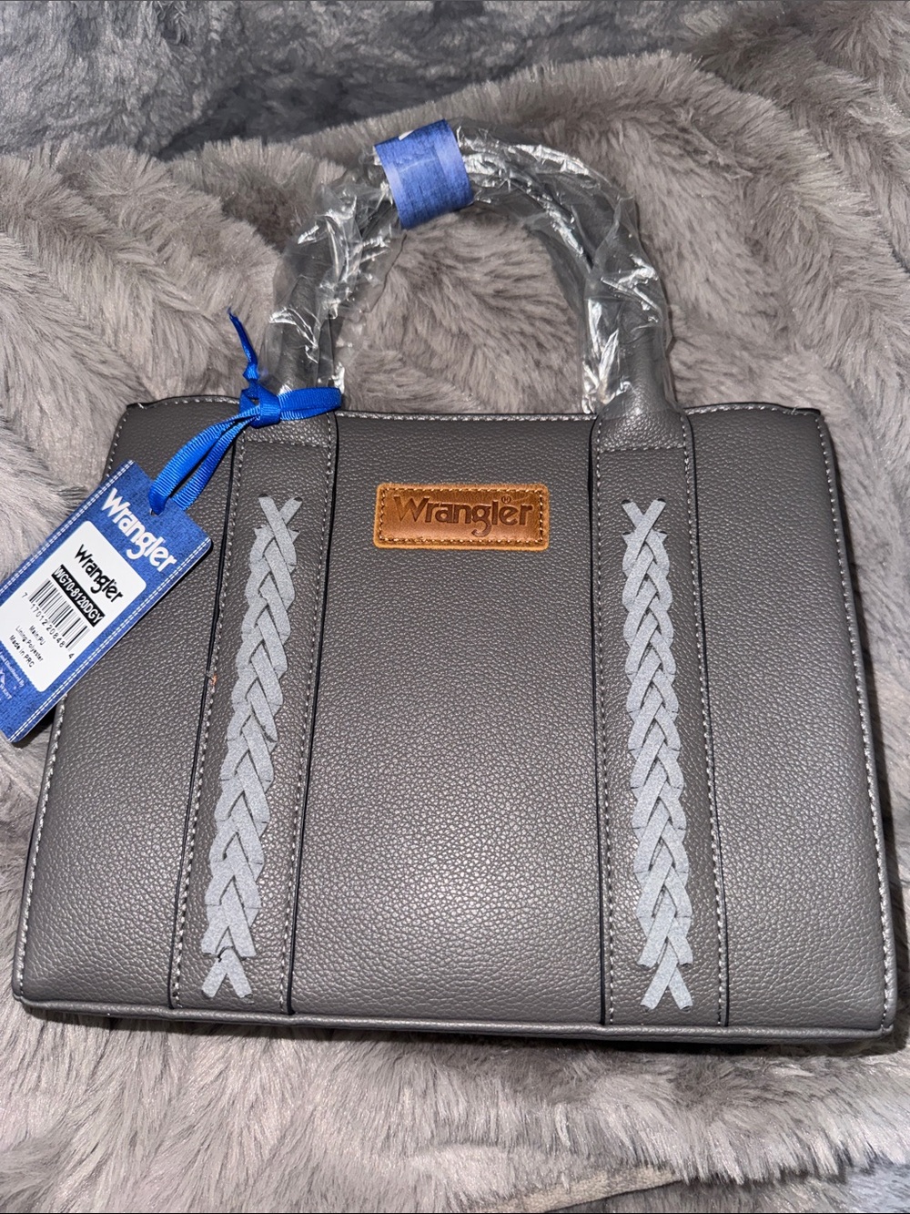 Wrangler Gray Satchel with Braided Accent and Tan Logo Patch